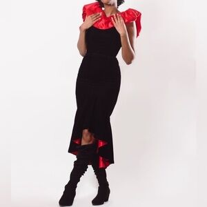 Gunne Sax Jessica McClintock Black Velvet Off Shoulder Red Ruffle Trumpet Dress